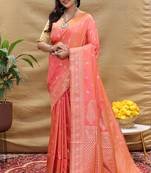 Peach coral banarasi silk blend saree with silver zari weaving