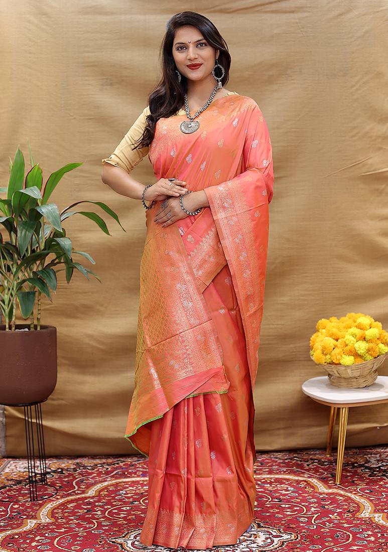 Peach coral banarasi silk blend saree with silver zari weaving