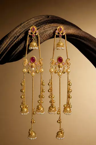 Gold Plated Kashmiri Long Jhumka Earrings with Pearl Beads