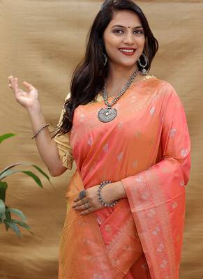 Peach coral banarasi silk blend saree with silver zari weaving 3