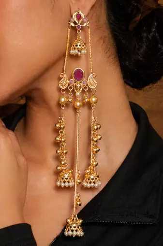 Gold Plated Kashmiri Long Jhumka Earrings with Pearl Beads