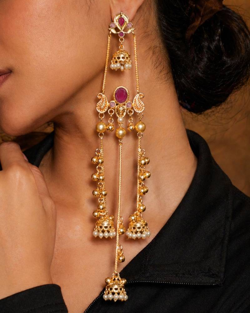 Gold Plated Kashmiri Long Jhumka Earrings with Pearl Beads