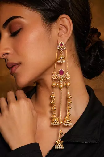 Gold Plated Kashmiri Long Jhumka Earrings with Pearl Beads