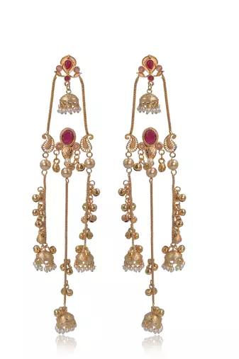 Gold Plated Kashmiri Long Jhumka Earrings with Pearl Beads