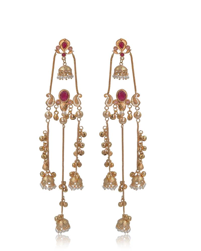 Gold Plated Kashmiri Long Jhumka Earrings with Pearl Beads