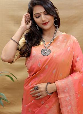 Peach coral banarasi silk blend saree with silver zari weaving 4