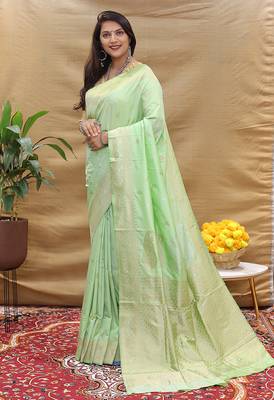 Mint green banarasi silk blend saree with silver zari weaving 1