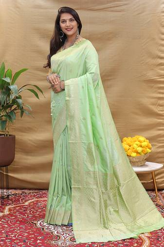 Mint green banarasi silk blend saree with silver zari weaving