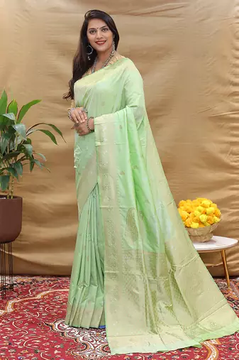 Mint green banarasi silk blend saree with silver zari weaving
