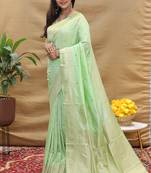 Mint green banarasi silk blend saree with silver zari weaving