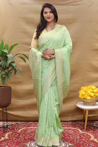 Mint green banarasi silk blend saree with silver zari weaving