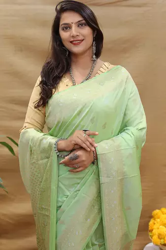 Mint green banarasi silk blend saree with silver zari weaving
