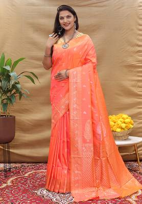 Coral orange banarasi silk blend saree with silver zari weaving 1