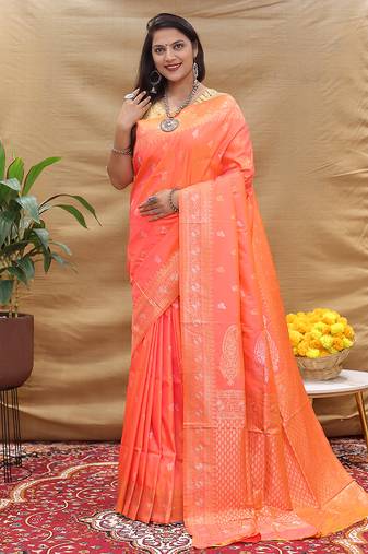 Coral orange banarasi silk blend saree with silver zari weaving