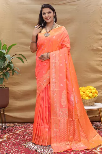 Coral orange banarasi silk blend saree with silver zari weaving