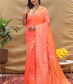 Coral orange banarasi silk blend saree with silver zari weaving