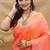Coral orange banarasi silk blend saree with silver zari weaving