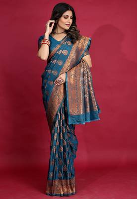 Teal blue banarasi silk blend saree with copper zari weave 1