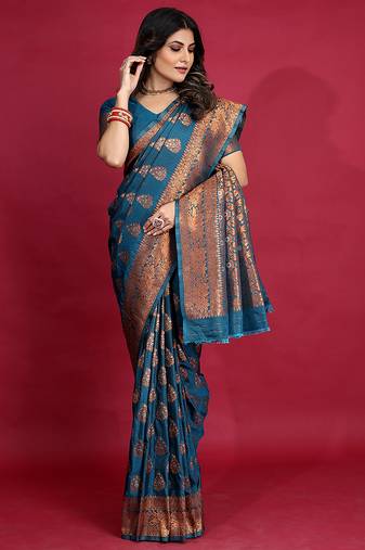 Teal blue banarasi silk blend saree with copper zari weave