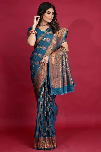 Teal blue banarasi silk blend saree with copper zari weave