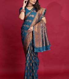 Teal blue banarasi silk blend saree with copper zari weave