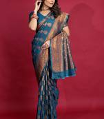 Teal blue banarasi silk blend saree with copper zari weave