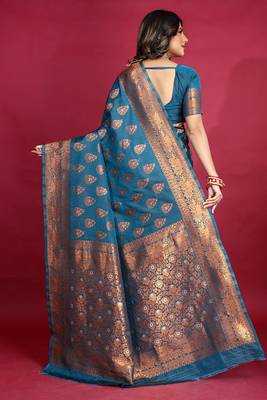 Teal blue banarasi silk blend saree with copper zari weave 2