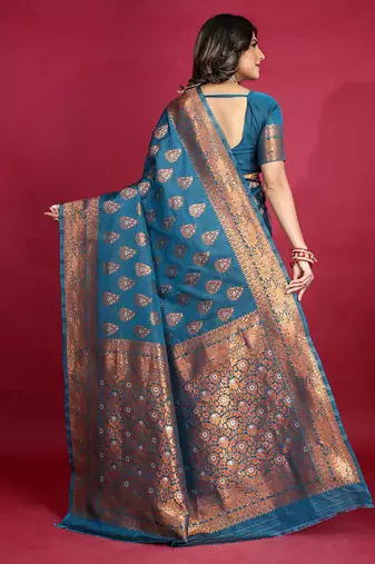 Teal blue banarasi silk blend saree with copper zari weave