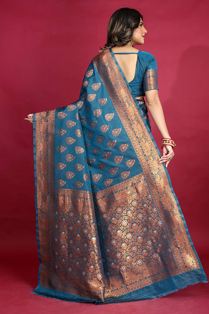 Teal blue banarasi silk blend saree with copper zari weave