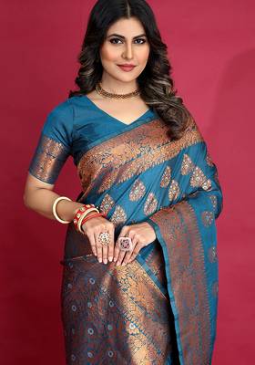 Teal blue banarasi silk blend saree with copper zari weave 3