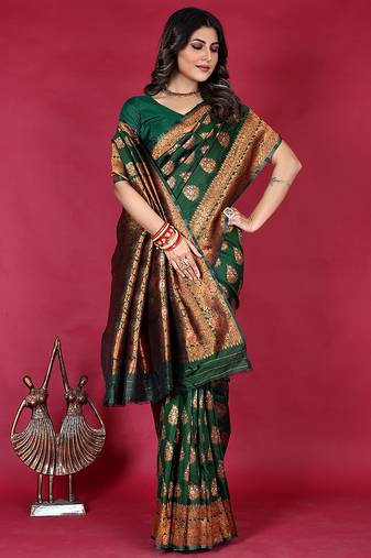 Dark green banarasi silk blend saree with copper zari weave