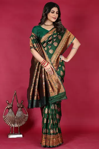 Dark green banarasi silk blend saree with copper zari weave