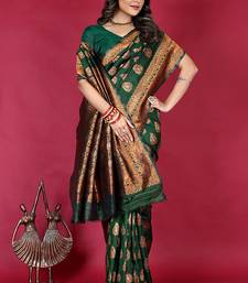 Dark green banarasi silk blend saree with copper zari weave