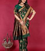 Dark green banarasi silk blend saree with copper zari weave