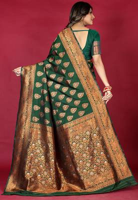 Dark green banarasi silk blend saree with copper zari weave 2