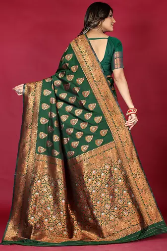 Dark green banarasi silk blend saree with copper zari weave