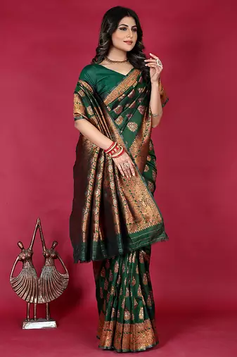Dark green banarasi silk blend saree with copper zari weave