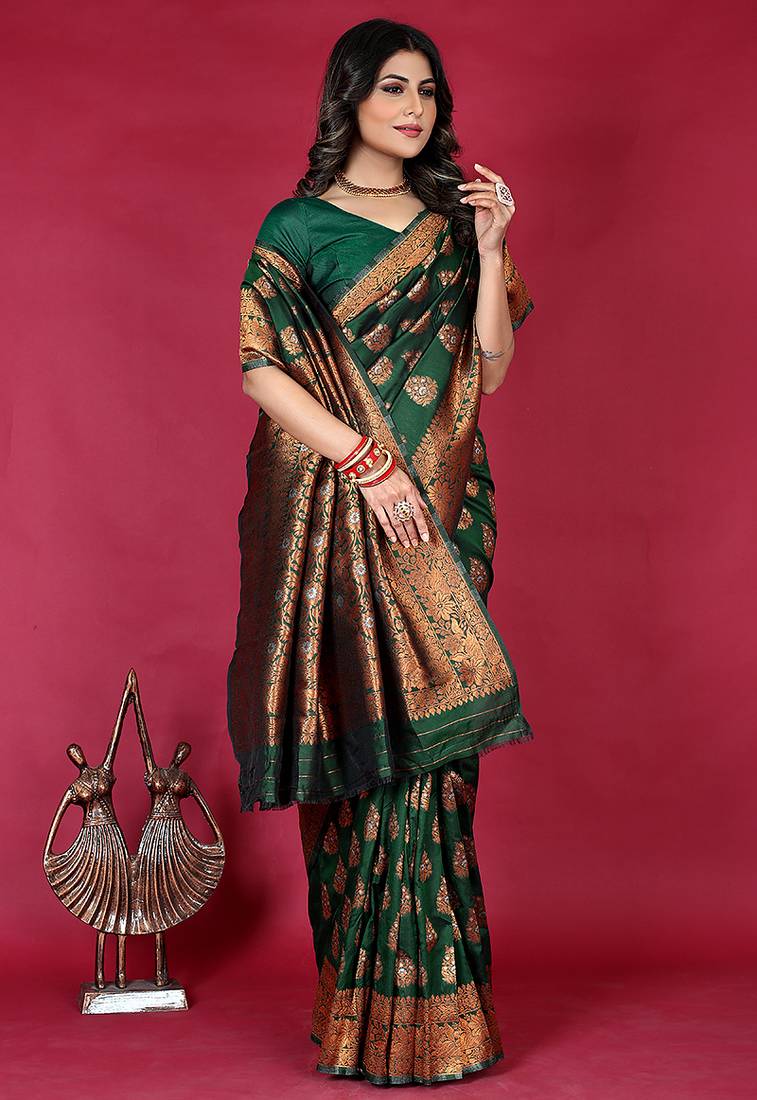 Dark green banarasi silk blend saree with copper zari weave