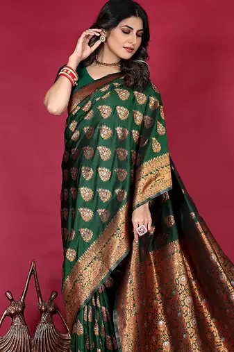 Dark green banarasi silk blend saree with copper zari weave