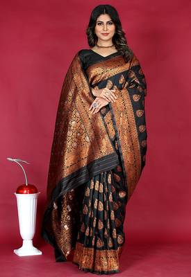 Black banarasi silk blend saree with copper zari weave 1