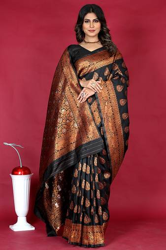 Black banarasi silk blend saree with copper zari weave