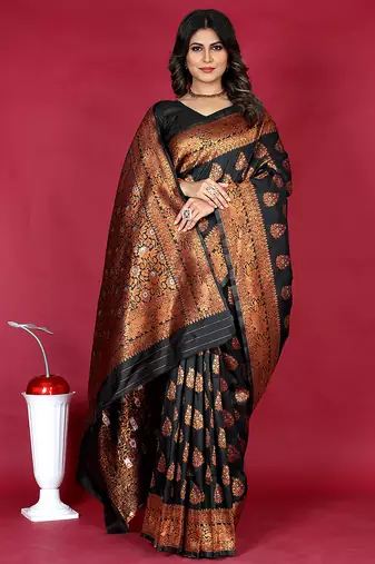 Black banarasi silk blend saree with copper zari weave