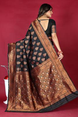 Black banarasi silk blend saree with copper zari weave 2