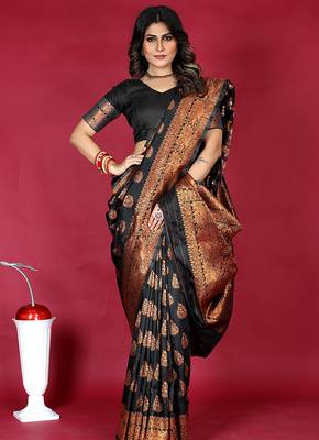 Black banarasi silk blend saree with copper zari weave 3