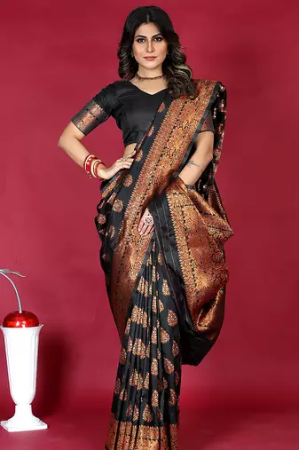 Black banarasi silk blend saree with copper zari weave