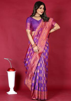 Purple banarasi silk blend saree with copper zari weave 1