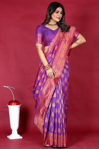 Purple banarasi silk blend saree with copper zari weave