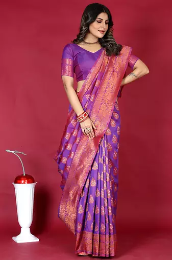 Purple banarasi silk blend saree with copper zari weave
