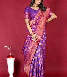 Purple banarasi silk blend saree with copper zari weave