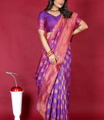 Purple banarasi silk blend saree with copper zari weave